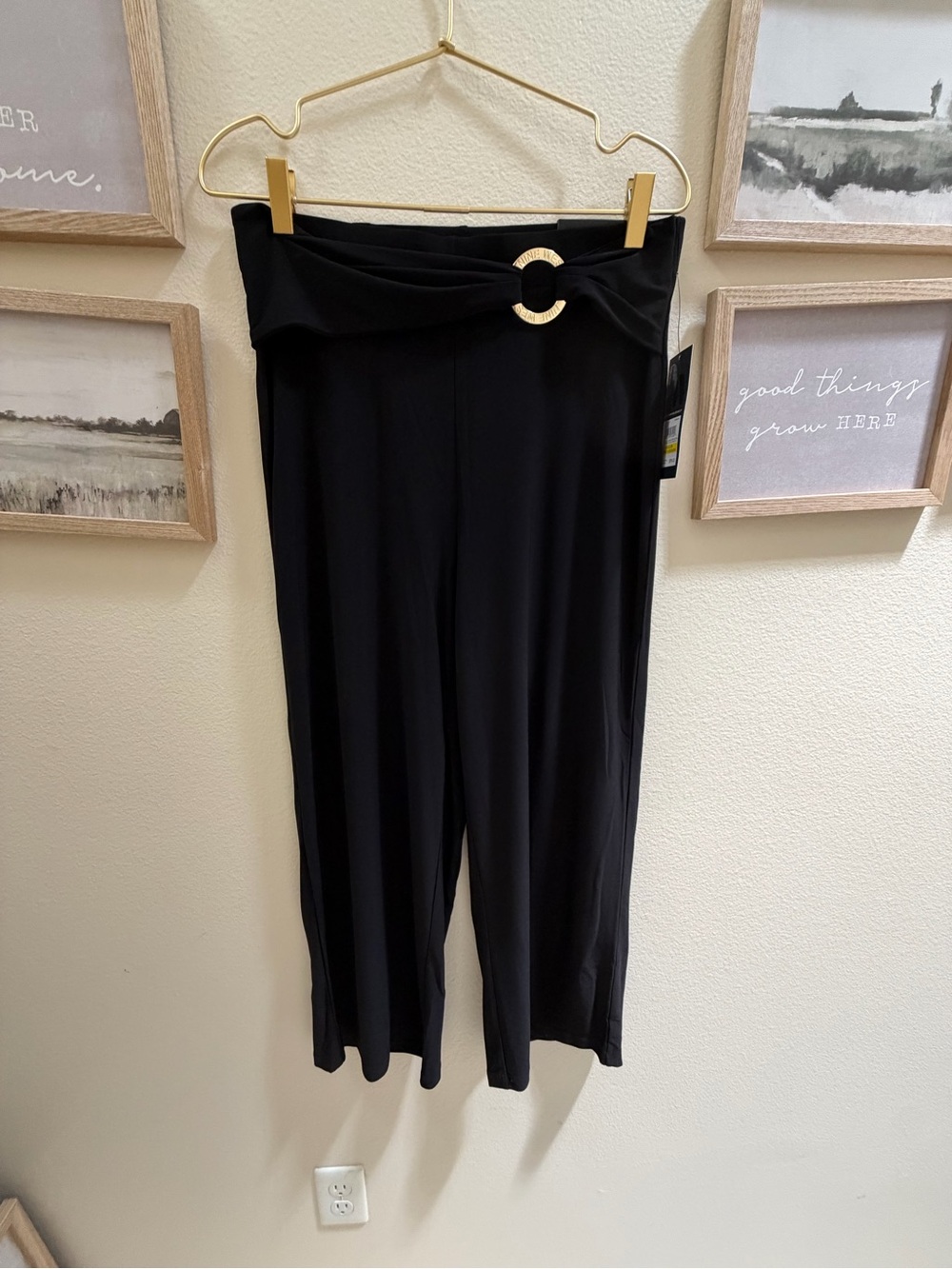 Nine West Black Wide-Leg Pants with Gold Ring Waist Detail